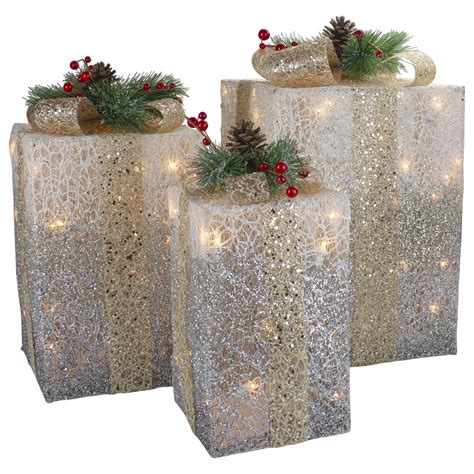 Set of 3 Silver Mesh Glittered Gift Boxes Outdoor Decorations